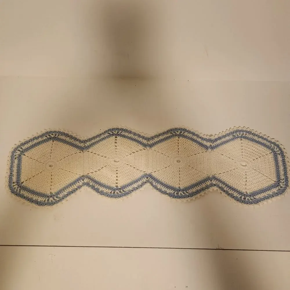 Vintage Hand Crotched Table Runner Blue & White